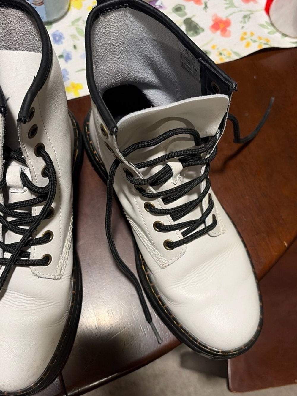 Dr. Martens White Leather Lace-Up Combat Boots with Black Trim